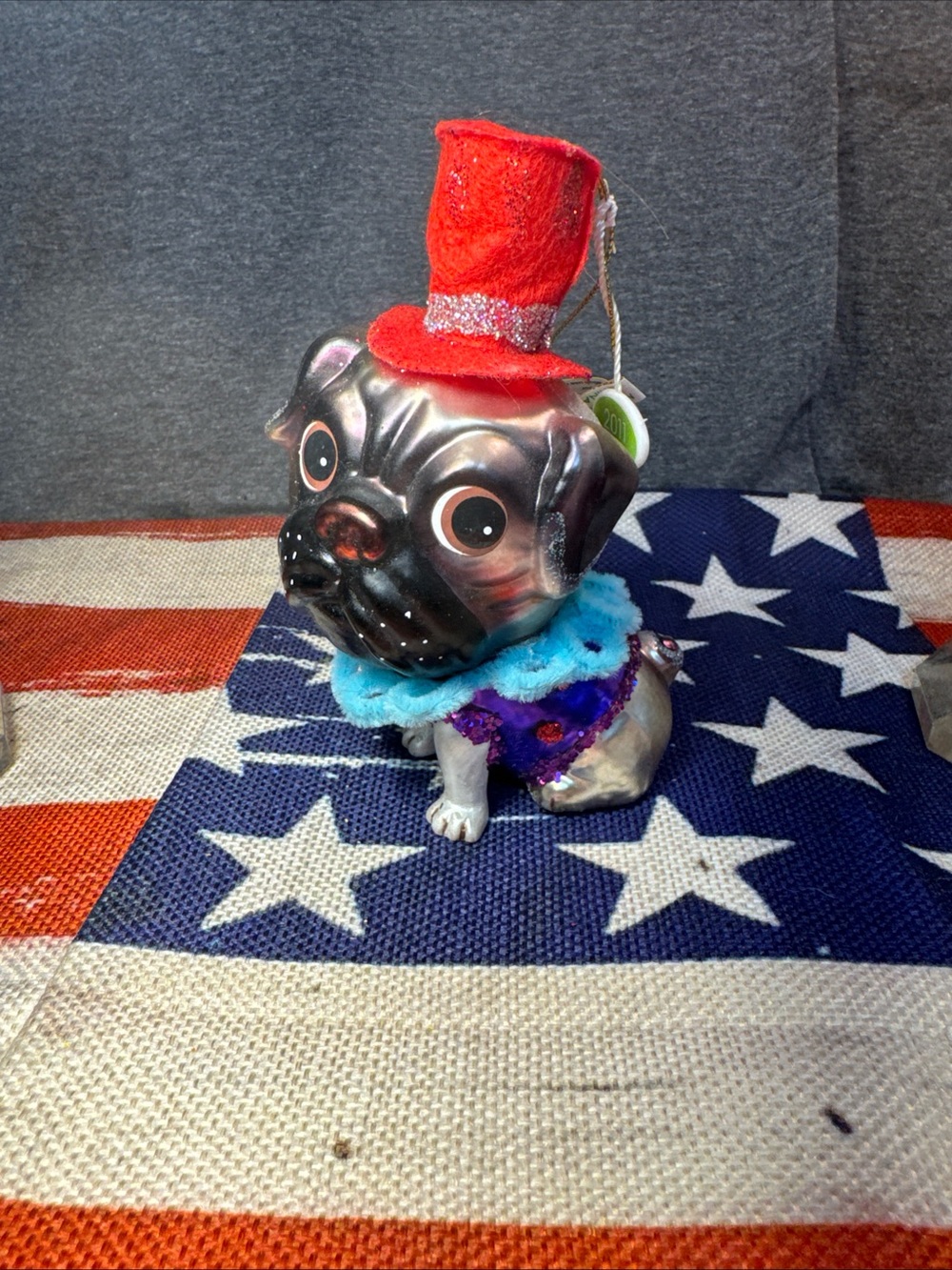 2 Decorative Pug Dog Ornament with Red Top Hat and Blue Collar